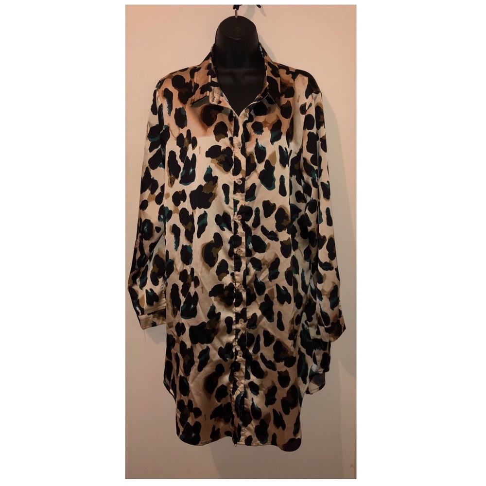 Boohoo Plus Leopard Satin Shirt Dress